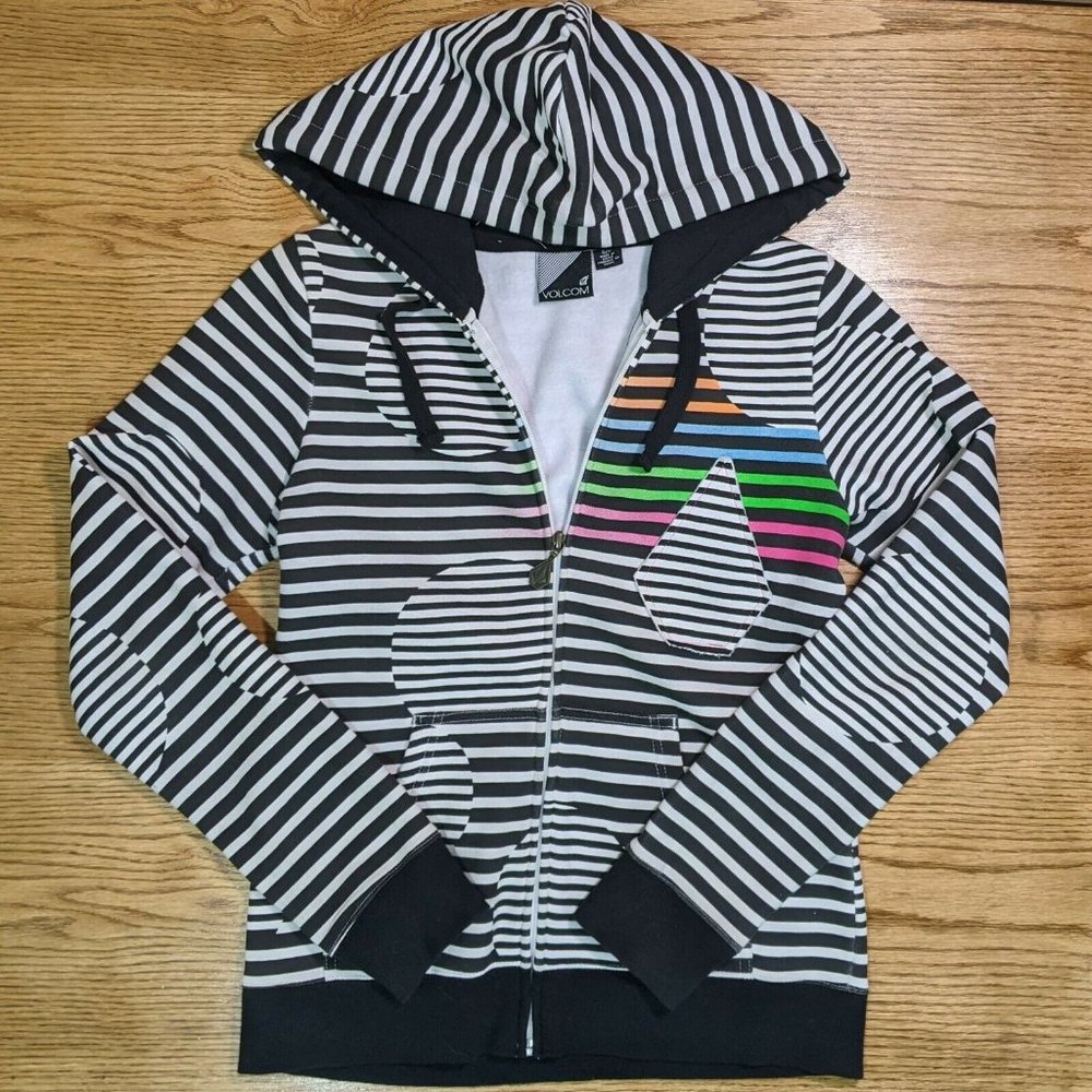 Volcom Y2K Black White Stripe Zip Hoodie Jacket Pocket Emo Skater Punk Sz Small